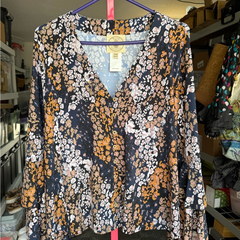 Muche Muchette Floral V-Neck Blouse - navy, Orange, White